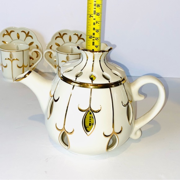 Partylite Tea for Two 5pc Votive Candle Holders Teapot Cups Saucers Ivory & Gold - Picture 13 of 15